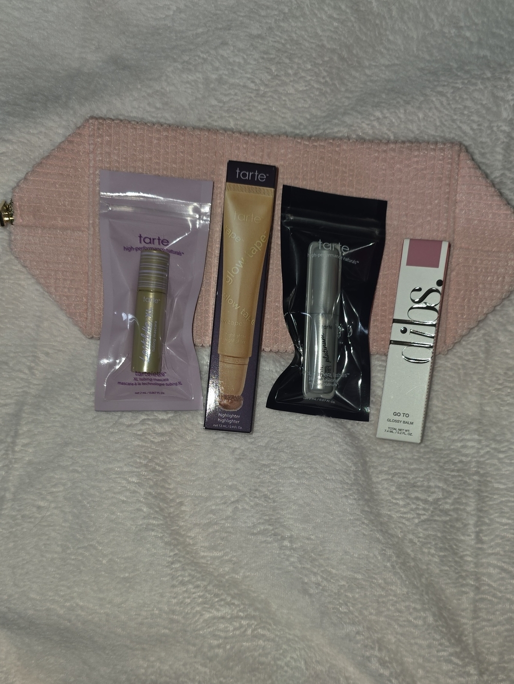 tarte Makeup Set with Pink Textured Pouch and Champagne Highlighter
